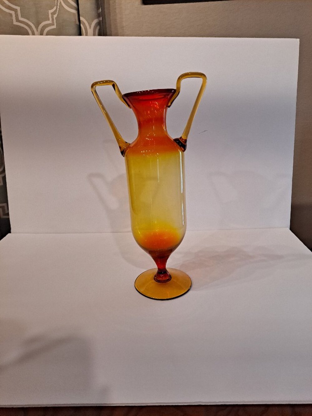 IMPERFECT One of a kind Vintage MCM Blenko 2 handle vase amberina Glows